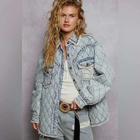NEW Pol “Rochester” Dust & Denim Quilted Lace Panel Shacket / Jacket Stud Detail - Picture 1 of 7